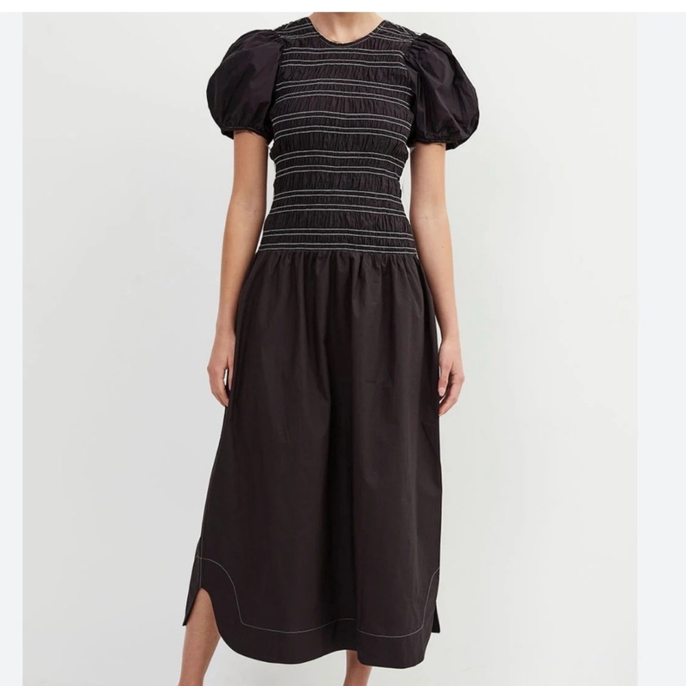 EUC Ganni Smocked Puff Sleeve MIDI Dress Black 4 Drop waist